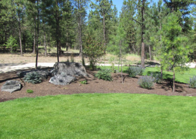 Sloped lawn, planting areas and accent rock